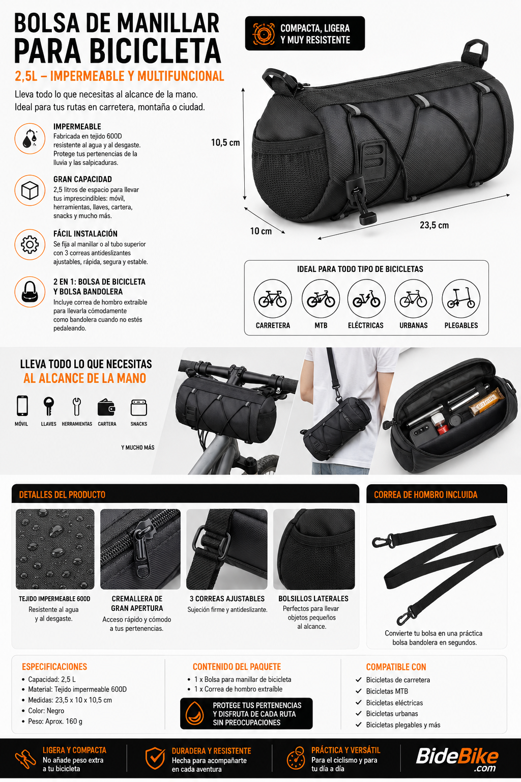 Bolsa de Manillar para Bicicleta 2,5L Impermeable | Bolsa MTB y Carretera