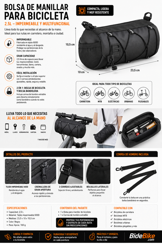 Bolsa de Manillar para Bicicleta 2,5L Impermeable | Bolsa MTB y Carretera