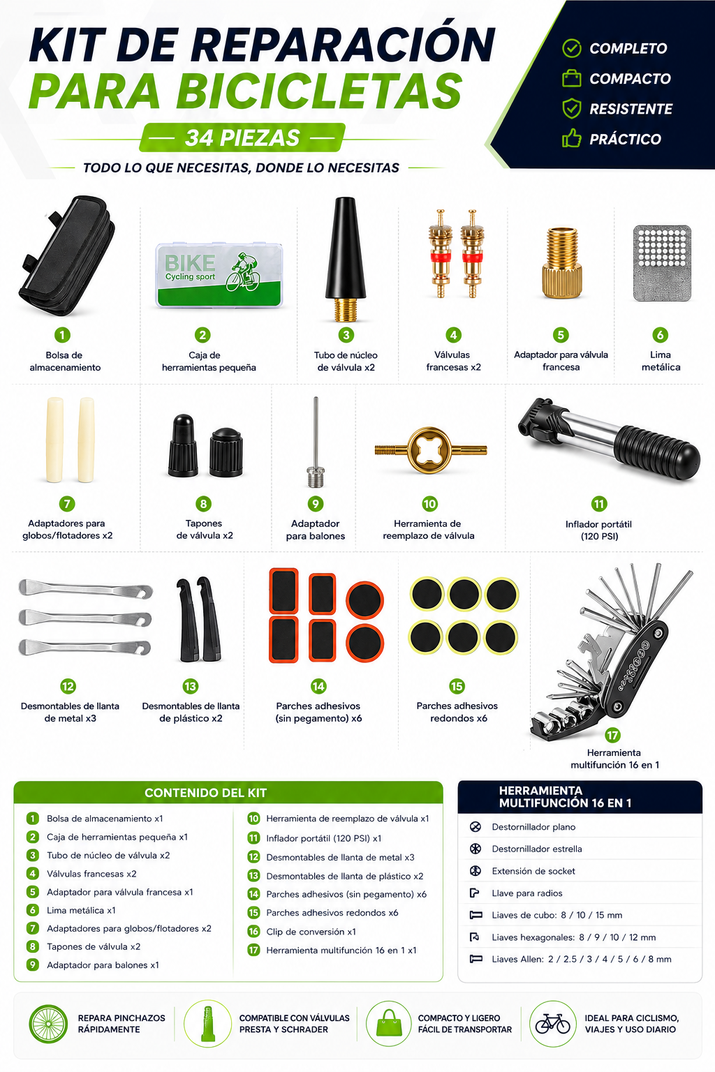 Kit de Reparación para Bicicleta 34 Piezas – Completo, Compacto y Profesional
