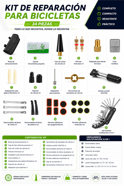 Kit de Reparación para Bicicleta 34 Piezas – Completo, Compacto y Profesional