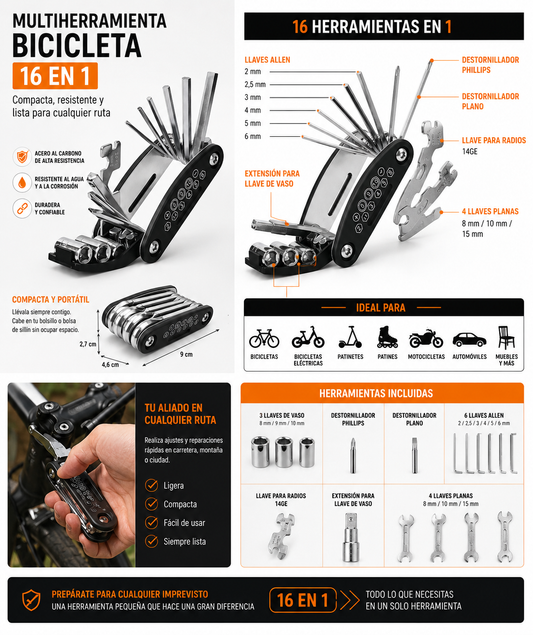Multiherramienta 16 en 1 para Bicicleta – Tu Taller de Bolsillo para Cualquier Ruta